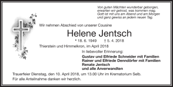 Traueranzeige von Helene Jentsch von Frankenpost