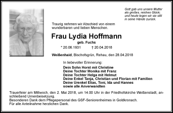 Traueranzeige von Lydia Hoffmann von Frankenpost