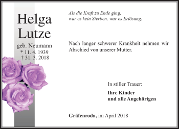 Traueranzeige von Helga Lutze von Südthüringer Presse