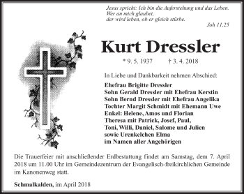 Traueranzeige von Kurt Dressler von Südthüringer Presse