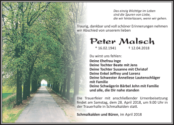 Traueranzeige von Peter Malsch von Südthüringer Presse