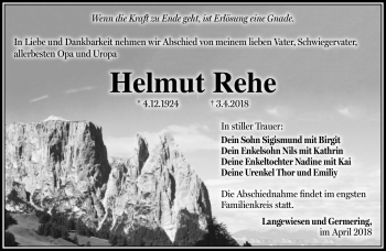 Traueranzeige von Helmut Rehe von Südthüringer Presse