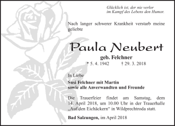 Traueranzeige von Paula Neubert von Südthüringer Presse