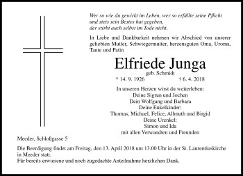 Traueranzeige von Elfriede Junga von Neue Presse Coburg