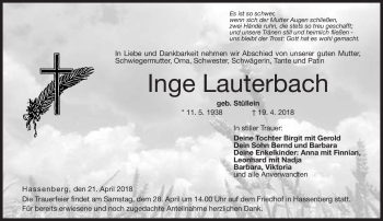 Traueranzeige von Inge Lauterbach von Neue Presse Coburg