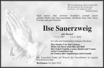 Traueranzeige von Ilse Sauerzweig von Südthüringer Presse
