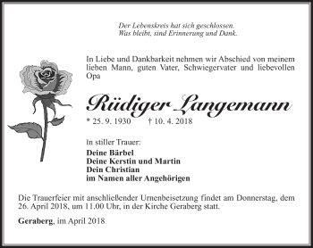 Traueranzeige von Rüdiger Langemann von Südthüringer Presse
