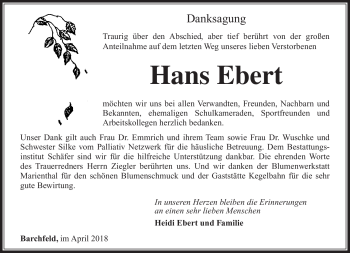 Traueranzeige von Hans Ebert von Südthüringer Presse