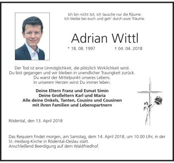 Traueranzeige von Adrian Wittl von Neue Presse Coburg