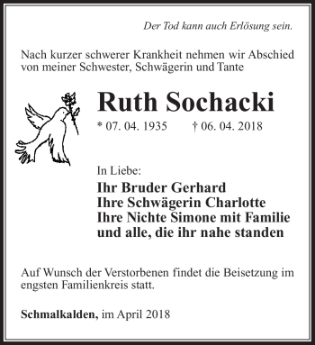 Traueranzeige von Ruth Sochacki von Südthüringer Presse