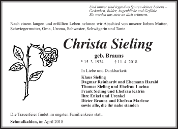 Traueranzeige von Christa Sieling von Südthüringer Presse
