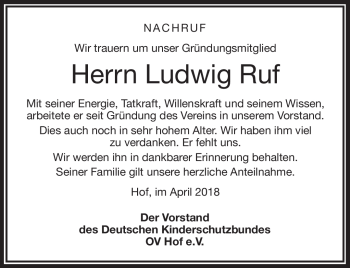 Traueranzeige von Ludwig Ruf von Frankenpost