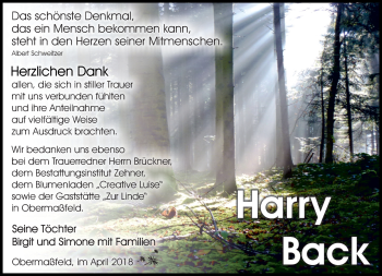 Traueranzeige von Harry Back von Südthüringer Presse