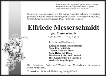 Traueranzeige von Elfriede Messerschmidt von Südthüringer Presse