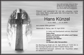 Traueranzeige von Hans Künzel von Frankenpost