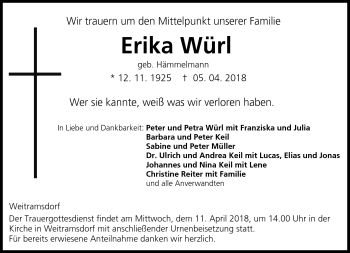 Traueranzeige von Erika Würl von Neue Presse Coburg