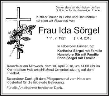 Traueranzeige von Ida Sörgel von Frankenpost