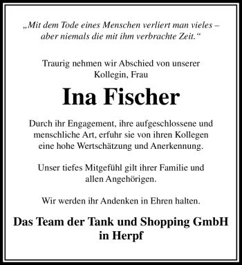 Traueranzeige von Ina Fischer von Südthüringer Presse