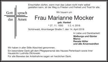 Traueranzeige von Marianne Mocker von Frankenpost