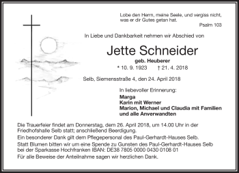 Traueranzeige von Jette Schneider von Frankenpost