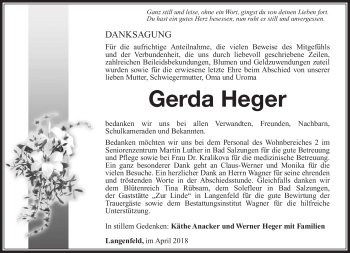 Traueranzeige von Gerda Heger von Südthüringer Presse
