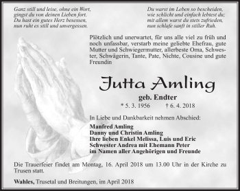 Traueranzeige von Jutta Amling von Südthüringer Presse