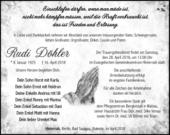 Traueranzeige von Rudi Döhler von Südthüringer Presse