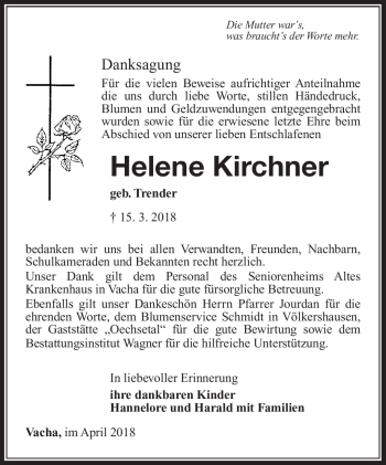 Traueranzeige von Helene Kirchner von Südthüringer Presse