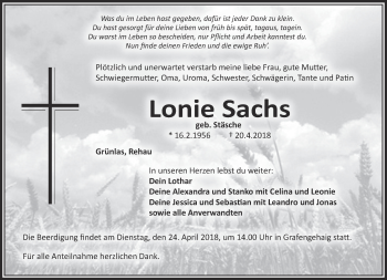Traueranzeige von Lonie Sachs von Frankenpost