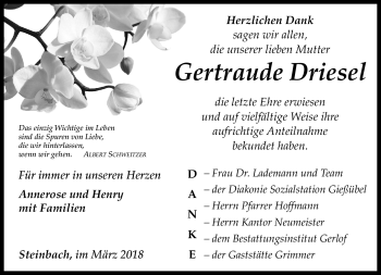 Traueranzeige von Gertraude Driesel von Südthüringer Presse