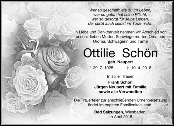 Traueranzeige von Ottilie Schön von Südthüringer Presse