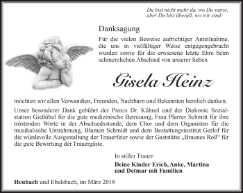 Traueranzeige von Gisela Heinz von Südthüringer Presse