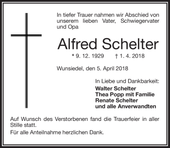 Traueranzeige von Alfred Schelter von Frankenpost