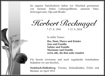 Traueranzeige von Herbert Recknagel von Südthüringer Presse