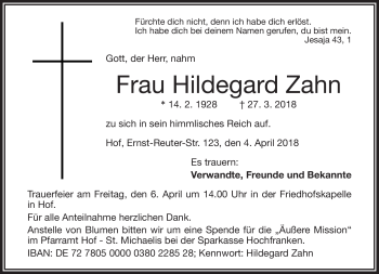 Traueranzeige von Hildegard Zahn von Frankenpost