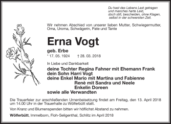 Traueranzeige von Erna Vogt von Südthüringer Presse