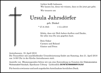 Traueranzeige von Ursula Jahrsdörfer von Neue Presse Coburg