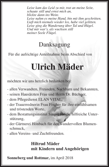 Traueranzeige von Ulrich Mäder von Südthüringer Presse
