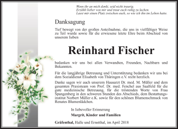 Traueranzeige von Reinhard Fischer von Südthüringer Presse