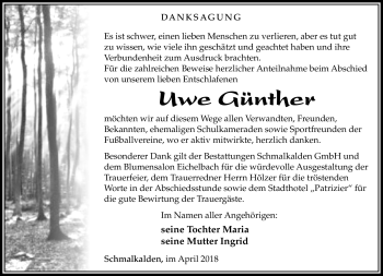 Traueranzeige von Uwe Günther von Südthüringer Presse