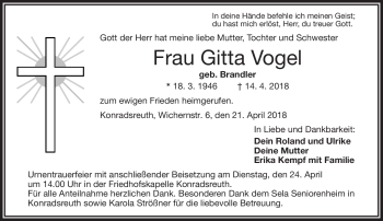 Traueranzeige von Gitta Vogel von Frankenpost