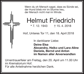 Traueranzeige von Helmut Friedrich von Frankenpost