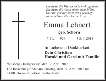 Traueranzeige von Emma Lehnert von Neue Presse Coburg