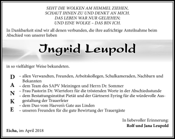 Traueranzeige von Ingrid Leupold von Südthüringer Presse