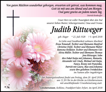 Traueranzeige von Judith Rittweger von Südthüringer Presse
