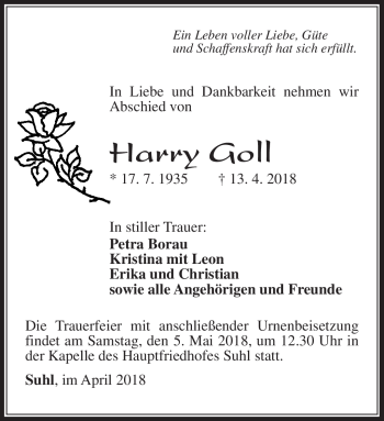 Traueranzeige von Harry Goll von Südthüringer Presse