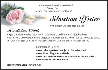 Traueranzeige von Sebastian Pfister von Südthüringer Presse