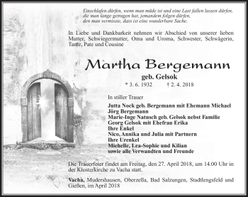 Traueranzeige von Martha Bergmann von Südthüringer Presse