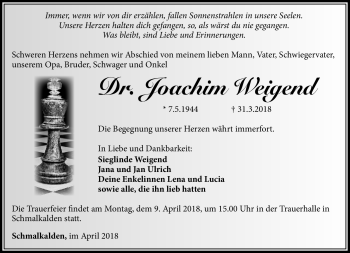 Traueranzeige von Dr. Joachim Weigend von Südthüringer Presse