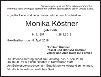 Traueranzeige von Monika Köstner von Neue Presse Coburg